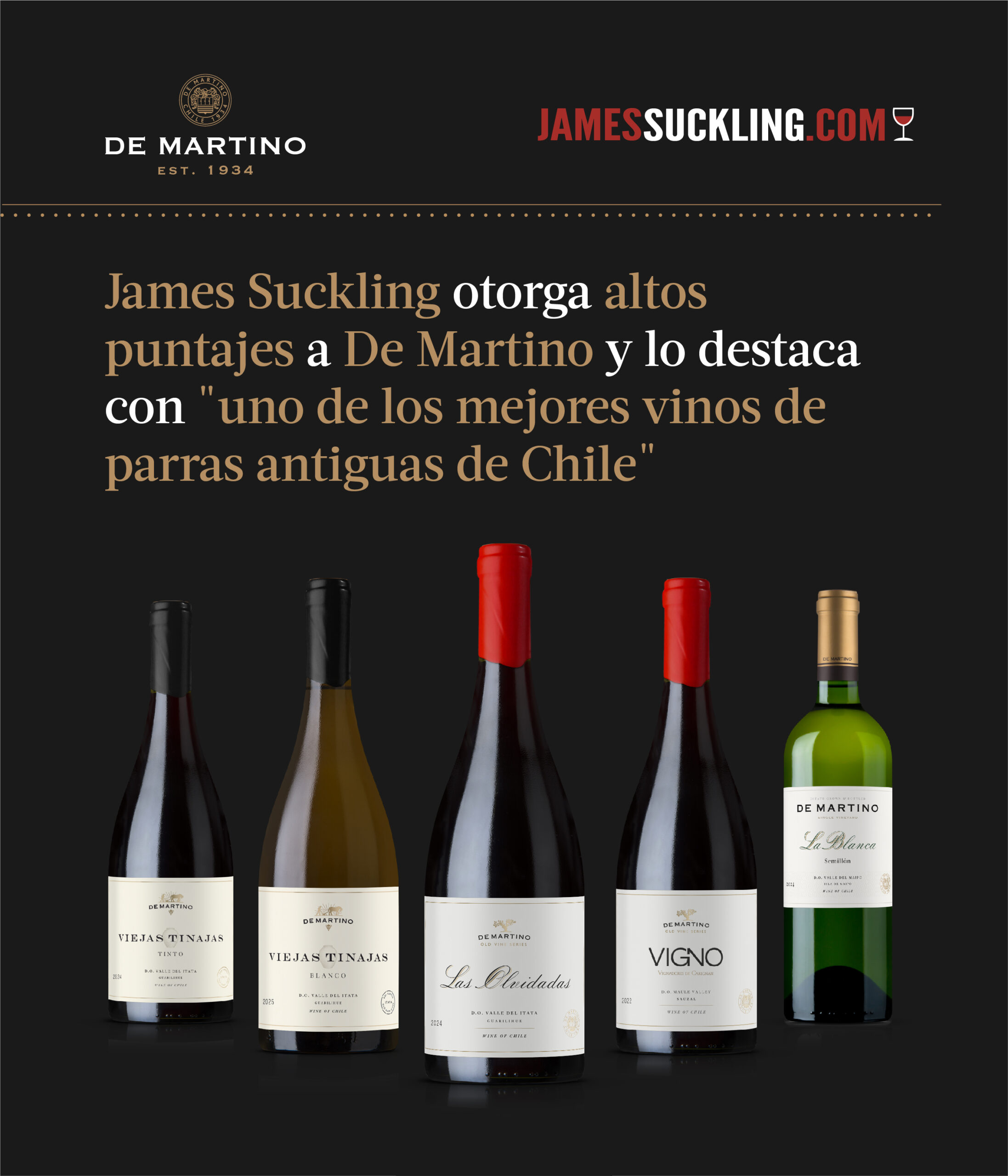 James Suckling 2026 destaca a De Martino: Las Olvidadas 2024 obtiene 97 puntos y es reconocida como uno de los mejores vinos de parras antiguas de Chile.